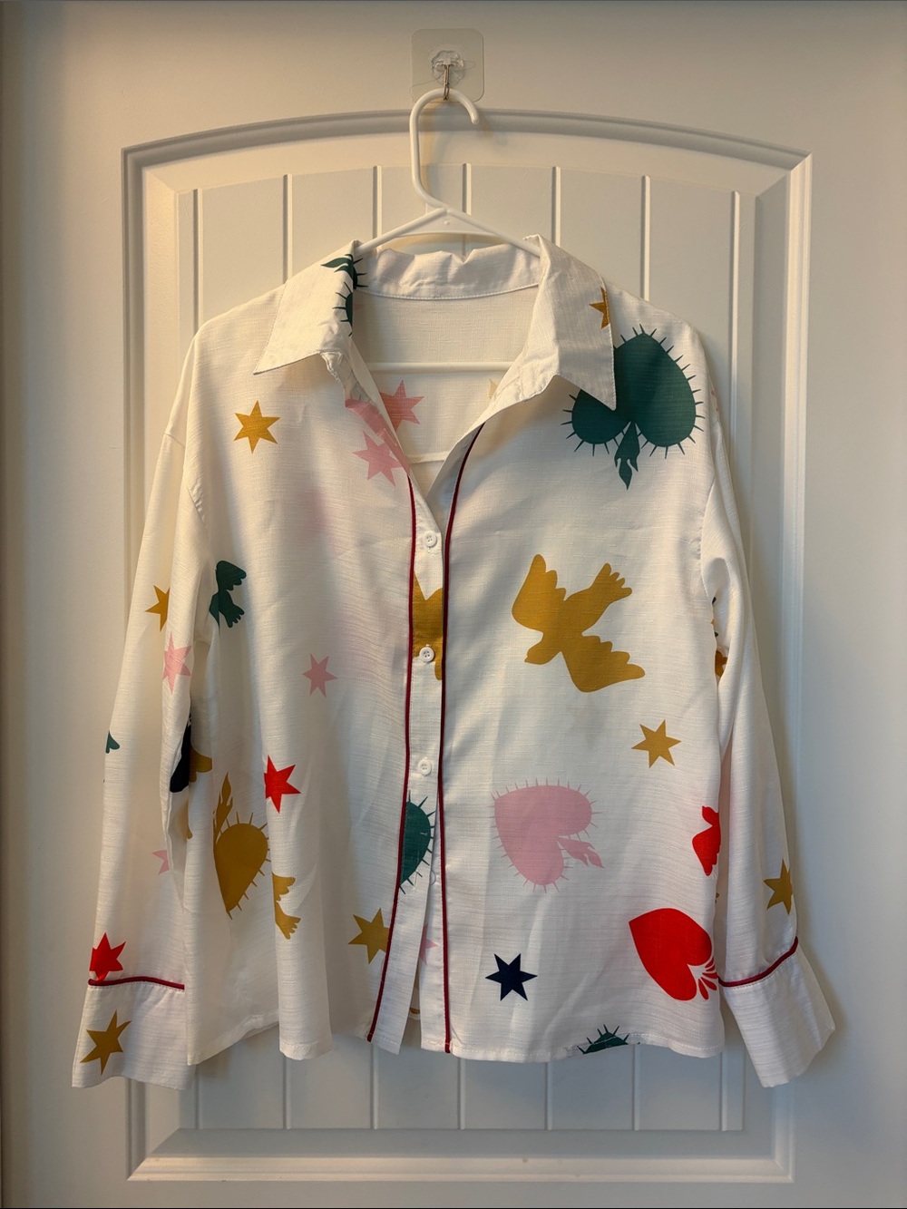 White Button-Up Top with Colorful Star & Heart Prints